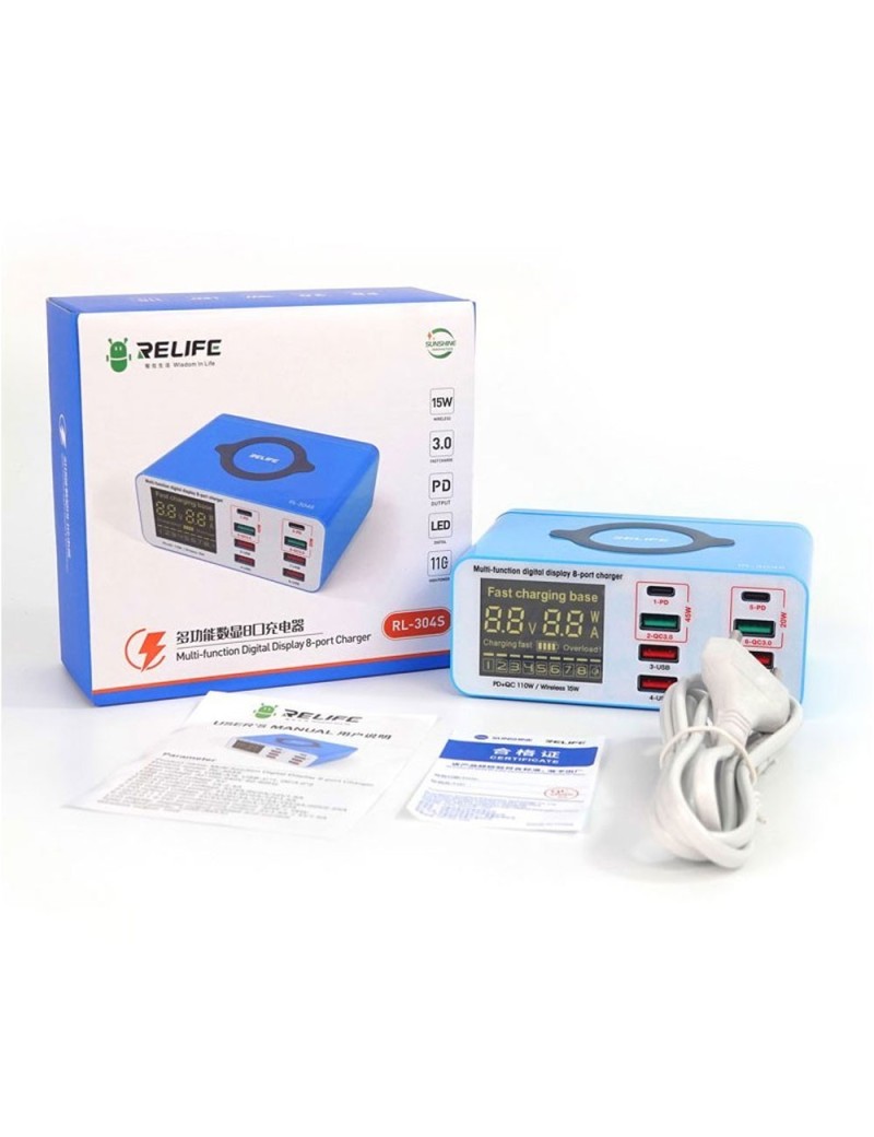 RELIFE RL-304S Caricabatterie da Banco Digitale Multifunzionale a 8 porte | 110W