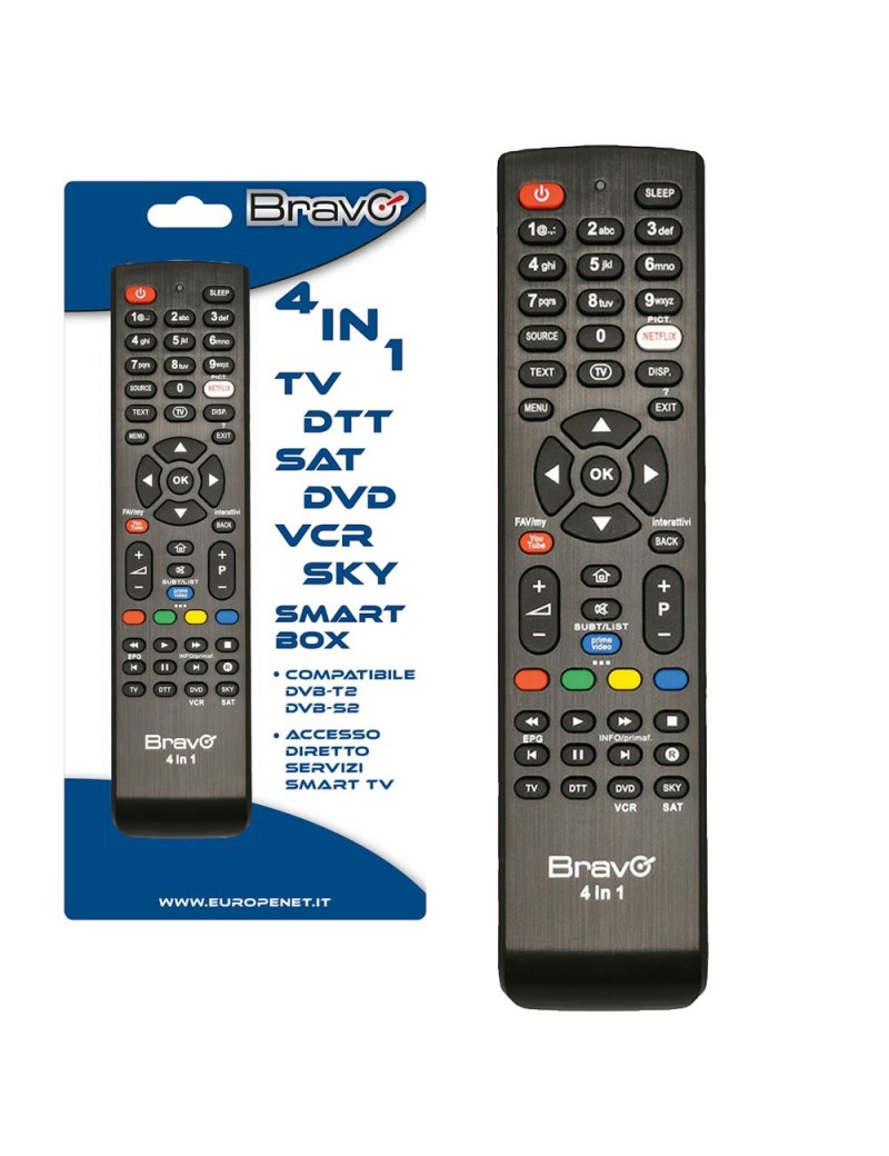 BRAVO Telecomando UNIVERSAL 4 in 1 per TV-DTT SAT-DVD VCR-SKY