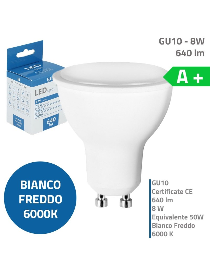 Lampadina a LED GU10 8W 640lm Luce Bianca Calda Fredda Naturale IP22 A+