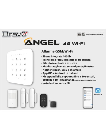 Bravo ANGEL 4G WIFI FHSS Sistema di Allarme con Centralina 4G e Sirena Integrata 105 dB