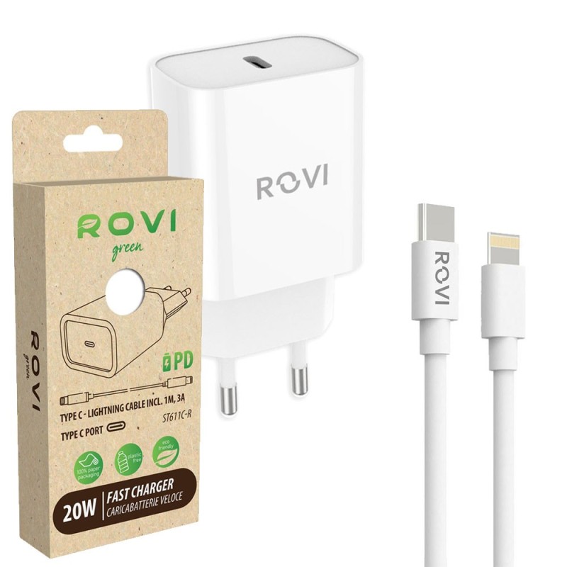 Rovi Caricabatterie Type-C Completo di Cavo da Type-C a Lightning 20W PD Fast Charger (Pack Green) | Bianco