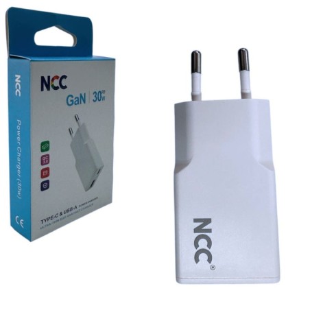 NCC CaricaBatterie da Rete 30W Ultra Sottile Doppia Porta USB-A + USB-C Fast Charge | Bianco C214