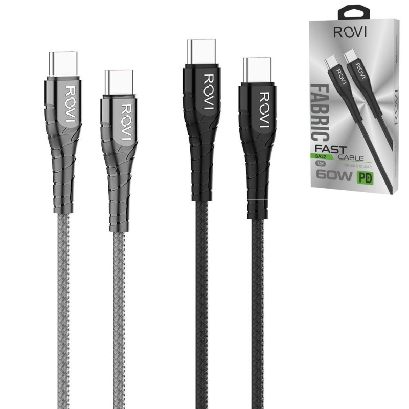 Rovi Fabric Cavo di Ricarica USB-C da Type-c a Type-C Rivestito in Tessuto Con Connettori Rinforzati 2.4A | Silver - Nero